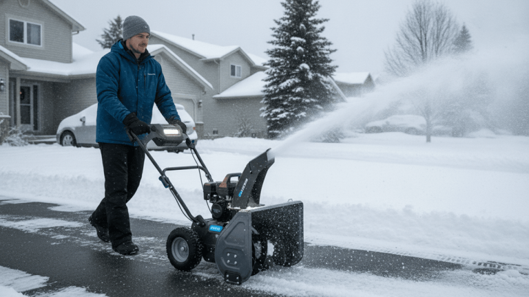 A man in winter clothing operates a compact snow blower on a snowy driveway, clearing snow in a suburban setting.