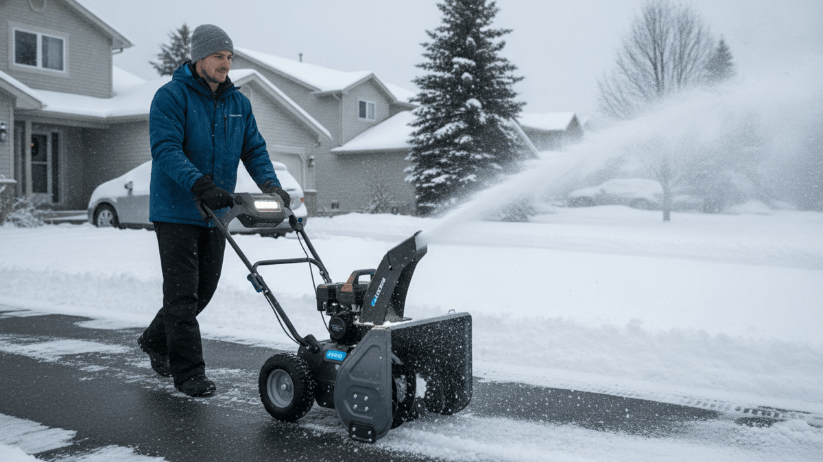 A man in winter clothing operates a compact snow blower on a snowy driveway, clearing snow in a suburban setting.