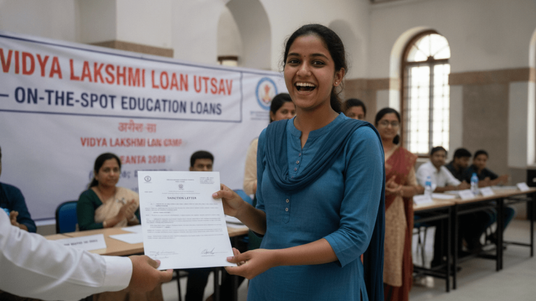 A young Indian woman in a blue kurta smiles, holding a "Sanction Letter" document. Behind her, people are seated at tables under a "Loan Camp" banner.