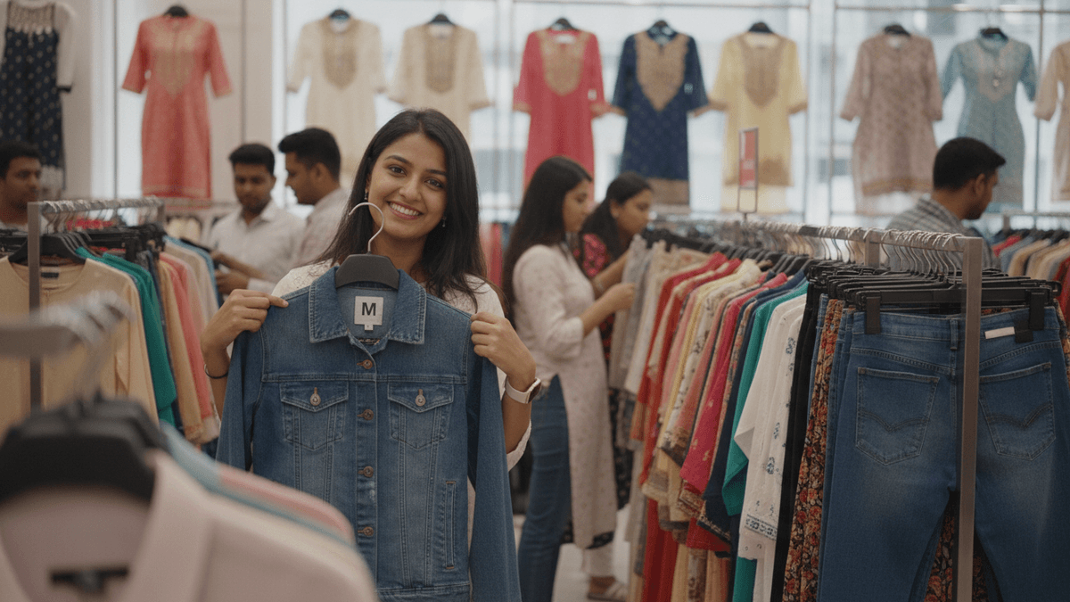 A young woman of Indian descent holds up a denim jacket with an 'M' label in a bustling apparel store.