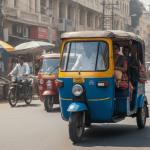 A blue and yellow electric three-wheeler on a city street, with other vehicles, pedestrians, and market stalls in the background.