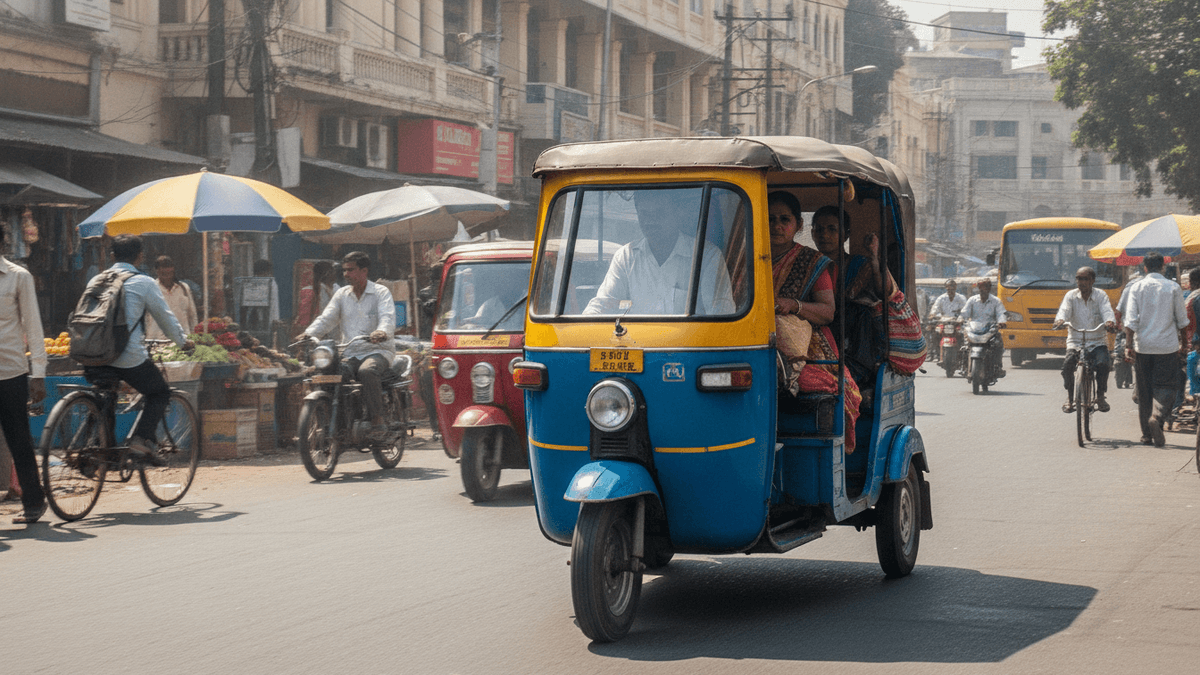 A blue and yellow electric three-wheeler on a city street, with other vehicles, pedestrians, and market stalls in the background.