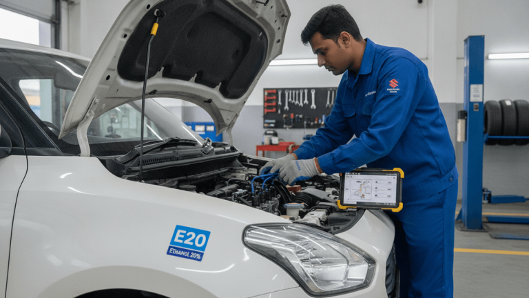 An Indian automotive technician in uniform inspects the engine of a white car with an E20 fuel label in a workshop.