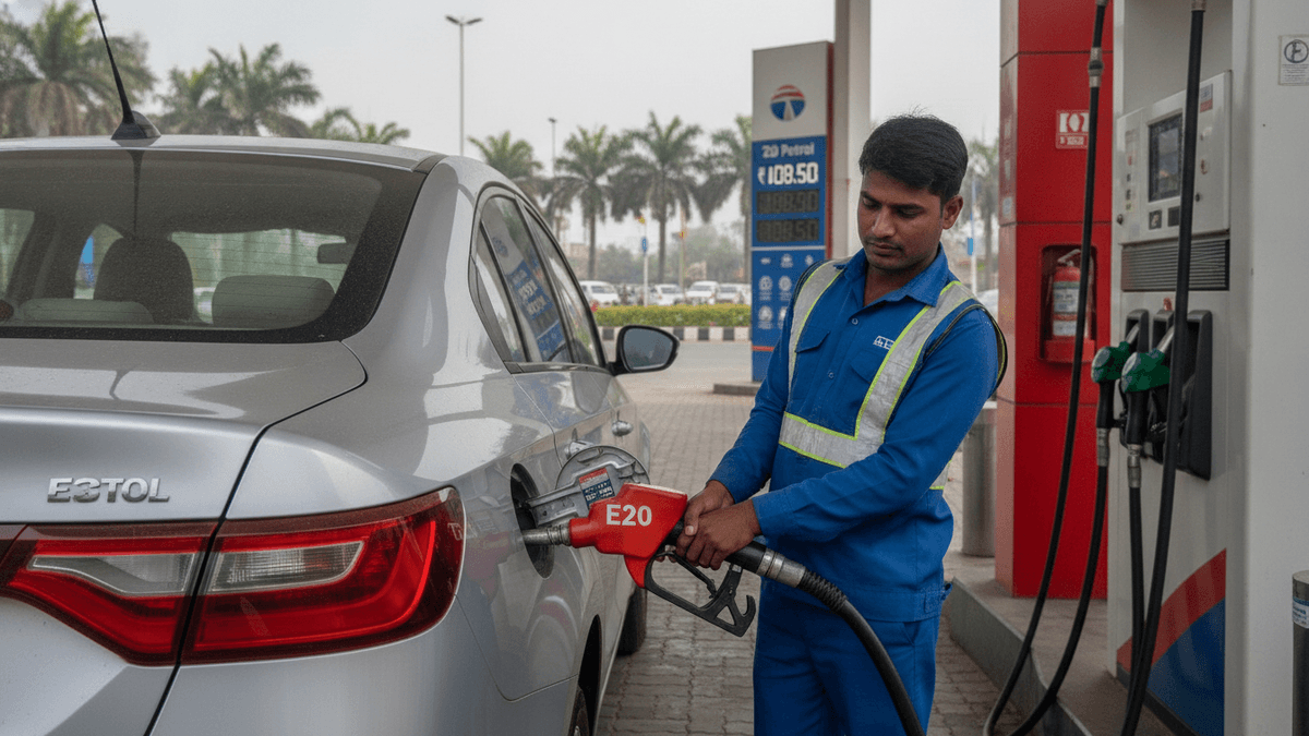 A fuel attendant in a blue uniform and reflective vest dispenses E20 fuel into a silver car at a station in India.
