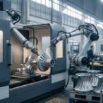 A large, modern metalworking machine with robotic arms actively producing complex metal components in a factory.