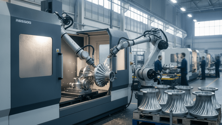 A large, modern metalworking machine with robotic arms actively producing complex metal components in a factory.