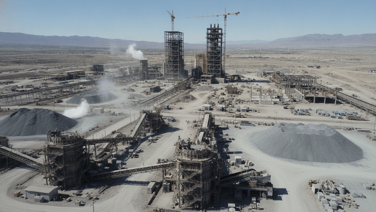 An aerial view of a vast industrial complex with multiple structures, cranes, and piles of material under clear daylight.
