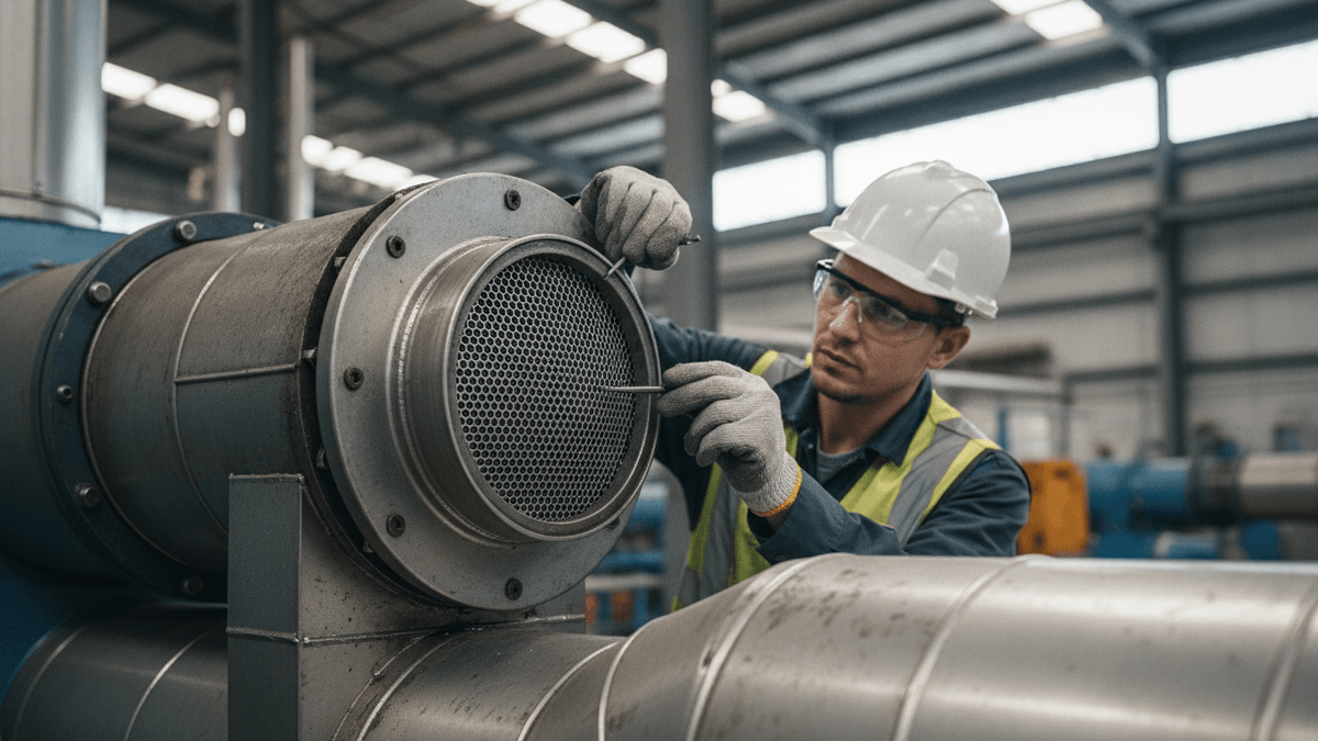 An industrial worker in safety gear inspects a spark arrestor within an exhaust system.
