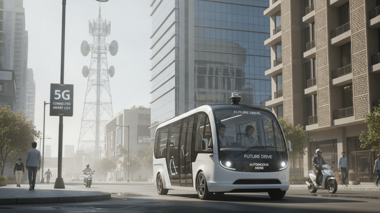 A white autonomous bus with "FUTURE DRIVE" on its front navigates a city street. A 5G tower is visible in the background.