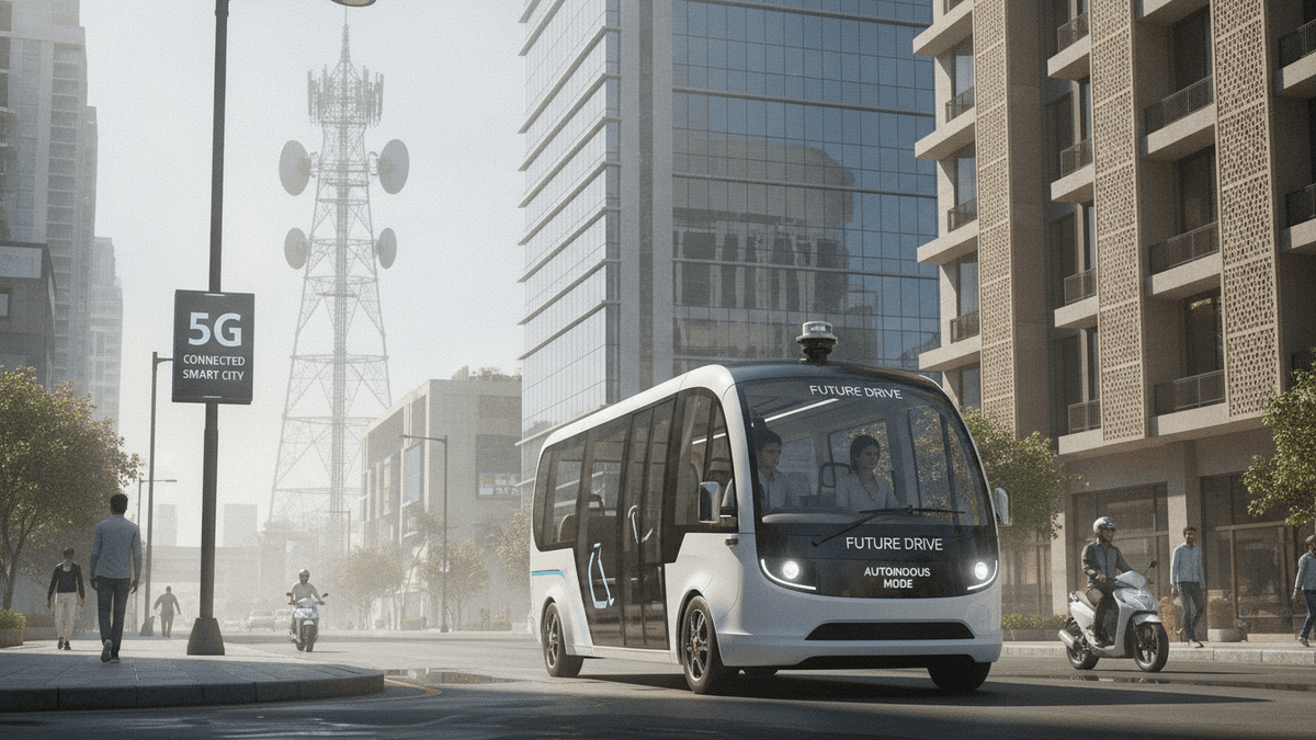 A white autonomous bus with "FUTURE DRIVE" on its front navigates a city street. A 5G tower is visible in the background.