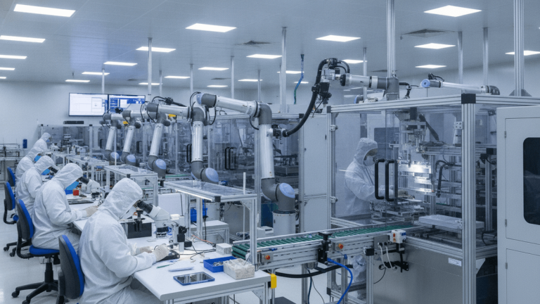 A high-tech manufacturing facility in India, featuring cleanroom technicians and automated machinery on a production line.