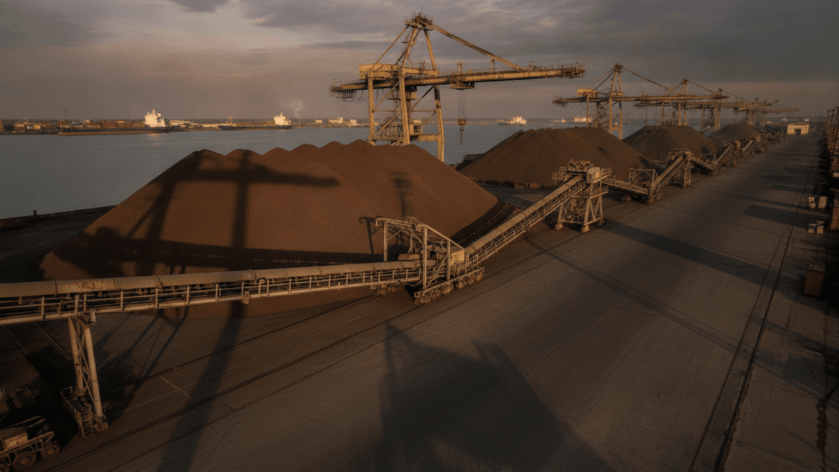A wide, low-angle shot of large piles of iron ore at an industrial port with dormant cranes and conveyor belts.