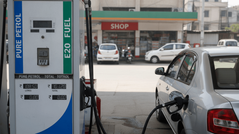 A fuel dispenser with "pure petrol" and "E20 fuel" labels, prices on screen, connected to a silver car.