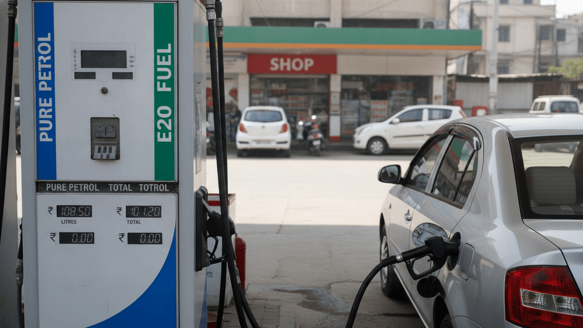 A fuel dispenser with "pure petrol" and "E20 fuel" labels, prices on screen, connected to a silver car.
