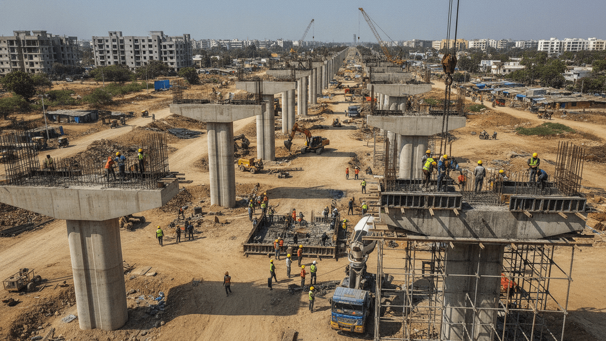 An elevated view of a large elevated highway construction site in India with numerous workers and heavy machinery.