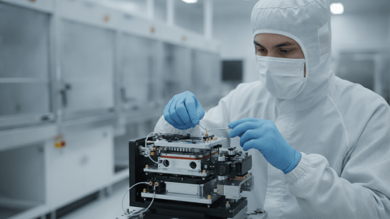 A technician in a cleanroom suit and gloves works on an intricate metallic component.