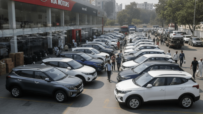 An elevated, medium-wide shot of a bustling Kia dealership lot in India, showing rows of new Seltos and Sonet models.