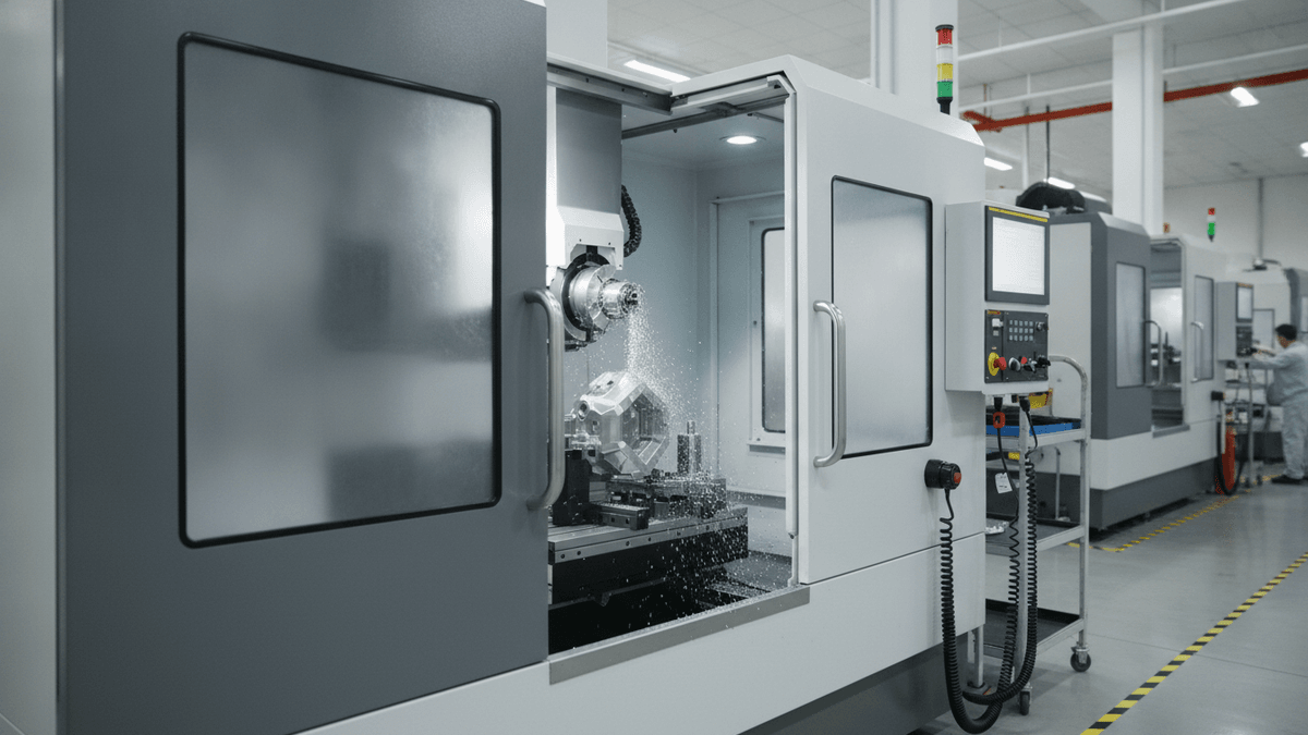 A multi-axis CNC machine with its door open, actively cutting a silver metal component, generating fine metal shavings.
