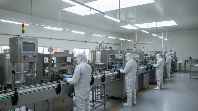 Workers in sterile suits overseeing machinery on a clean production floor in a pharmaceutical factory.