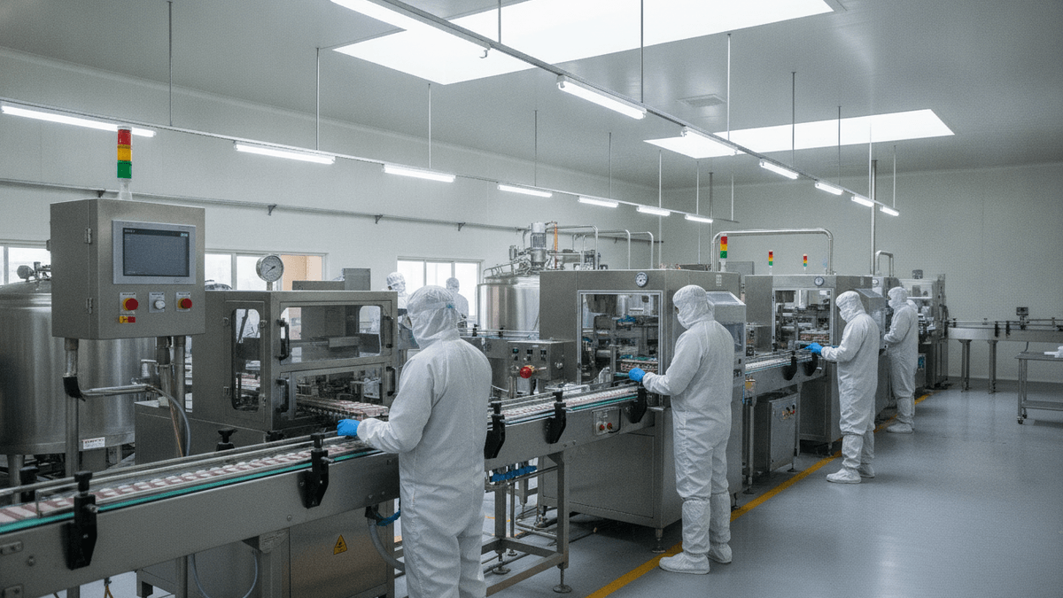 Workers in sterile suits overseeing machinery on a clean production floor in a pharmaceutical factory.
