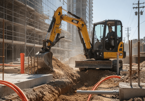 A yellow Caterpillar mini excavator digs a trench in an urban construction site, surrounded by rebar and orange utility lines.