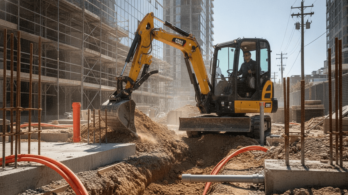 A yellow Caterpillar mini excavator digs a trench in an urban construction site, surrounded by rebar and orange utility lines.