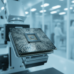 An advanced circuit board with a microchip, mounted on an inspection apparatus in a sterile cleanroom environment.