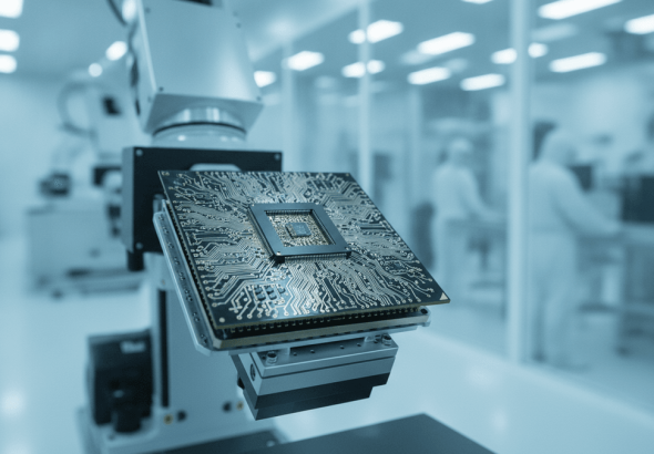 An advanced circuit board with a microchip, mounted on an inspection apparatus in a sterile cleanroom environment.
