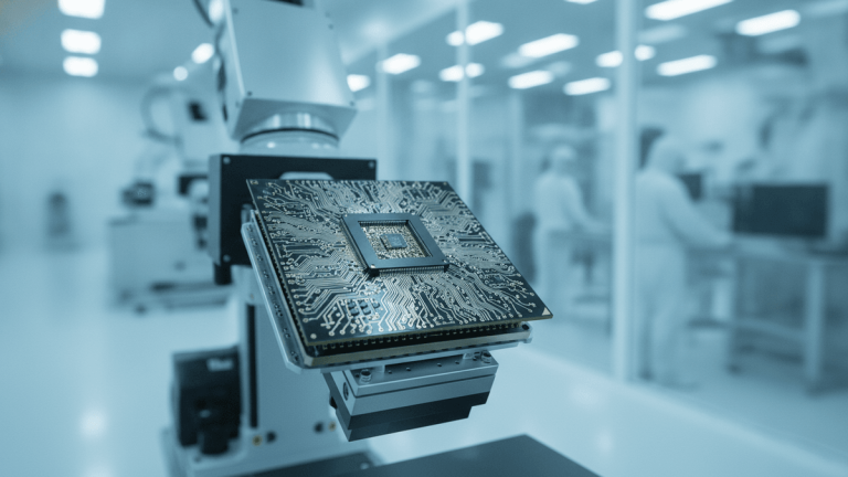 An advanced circuit board with a microchip, mounted on an inspection apparatus in a sterile cleanroom environment.