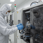 A technician in full cleanroom attire is meticulously inspecting a plasma etch system in a brightly lit cleanroom.