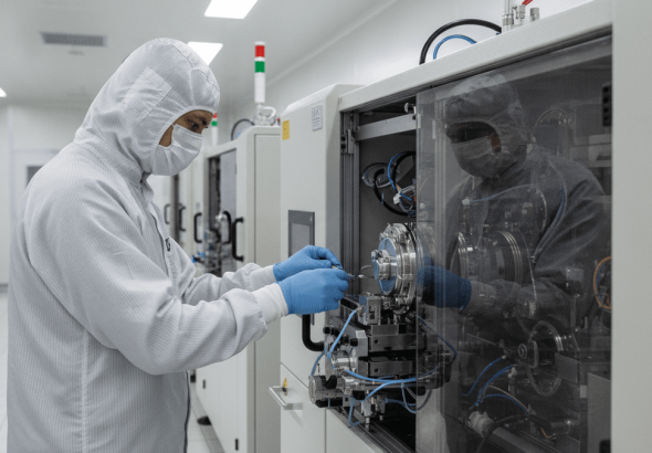 A technician in full cleanroom attire is meticulously inspecting a plasma etch system in a brightly lit cleanroom.