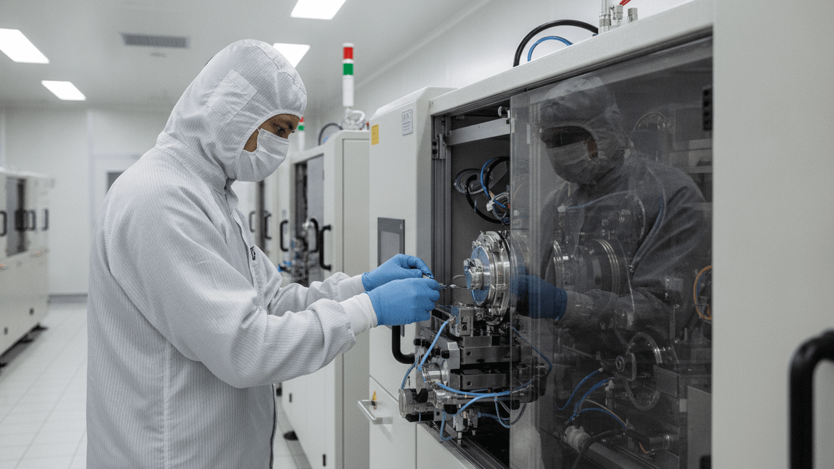 A technician in full cleanroom attire is meticulously inspecting a plasma etch system in a brightly lit cleanroom.