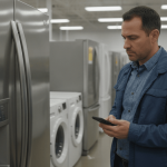 A man in a blue jacket looks at a refrigerator price tag displaying $3,499.00 in a retail appliance store.