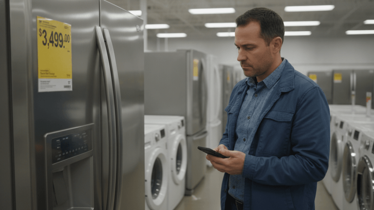 A man in a blue jacket looks at a refrigerator price tag displaying $3,499.00 in a retail appliance store.