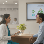A female nutrition professional in a white coat talks to a male patient in a modern clinic with a screen displaying health information.
