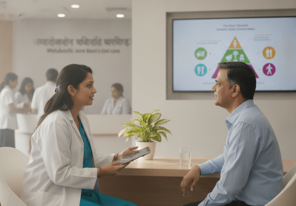 A female nutrition professional in a white coat talks to a male patient in a modern clinic with a screen displaying health information.