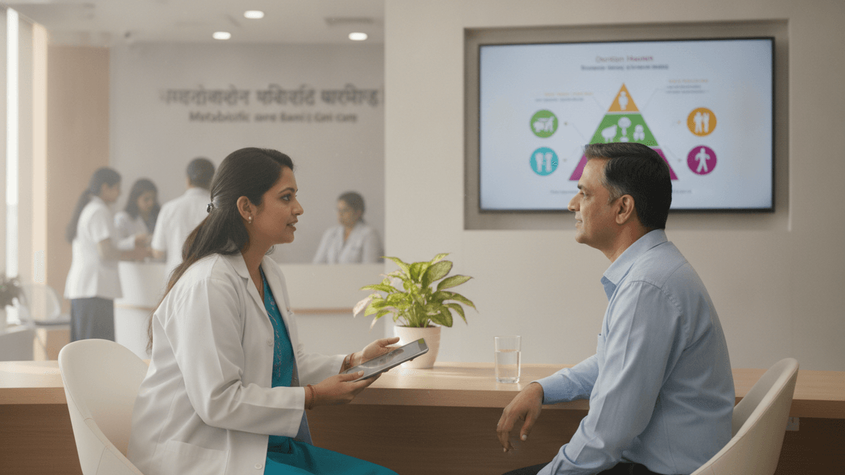 A female nutrition professional in a white coat talks to a male patient in a modern clinic with a screen displaying health information.