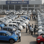 A wide shot of a bustling car dealership lot in India, filled with rows of diverse new passenger vehicles under natural daylight.