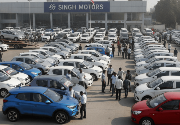A wide shot of a bustling car dealership lot in India, filled with rows of diverse new passenger vehicles under natural daylight.