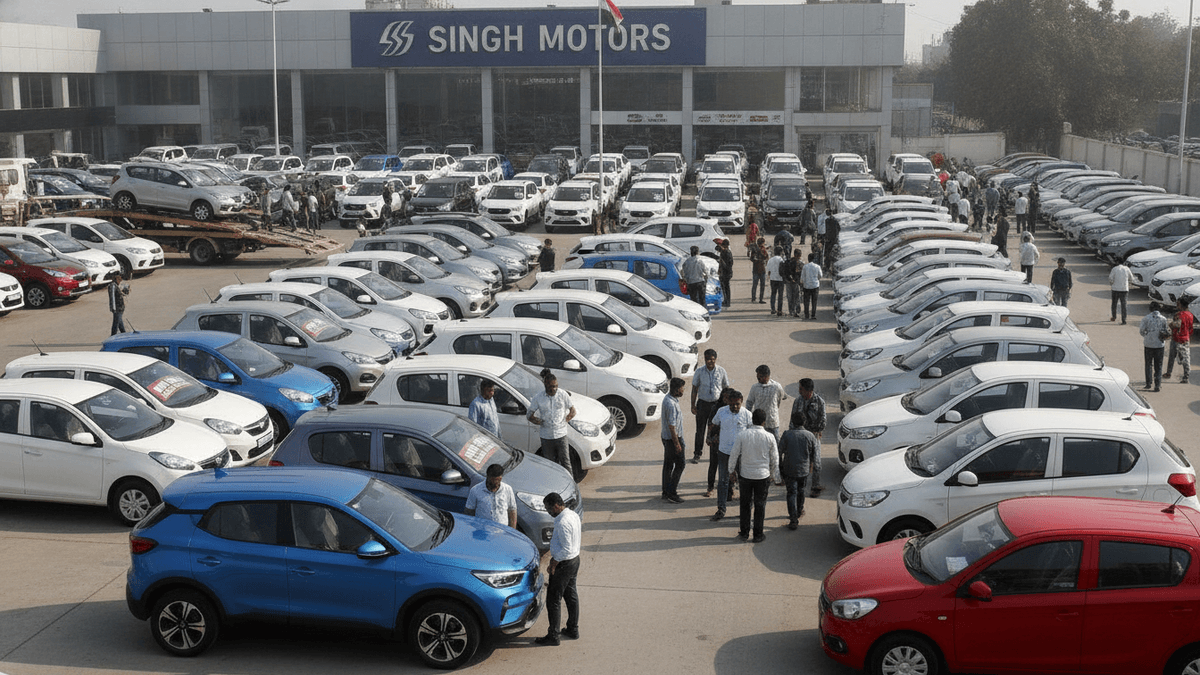 A wide shot of a bustling car dealership lot in India, filled with rows of diverse new passenger vehicles under natural daylight.