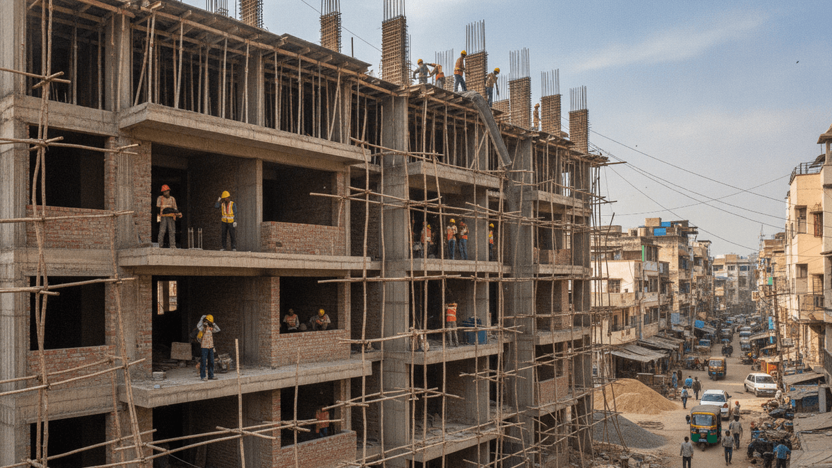 A medium shot of a multi-story residential building under construction, with workers on different levels and scaffolding visible.