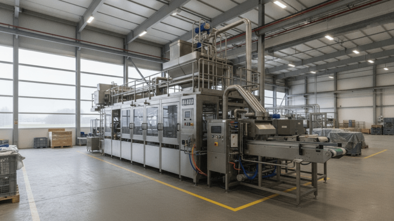 A wide shot of large, intricate stainless steel food processing machinery on a concrete floor in a bright, modern factory.
