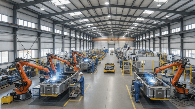 Wide shot of a factory floor with robotic arms, industrial equipment, and workers engaged in assembly.