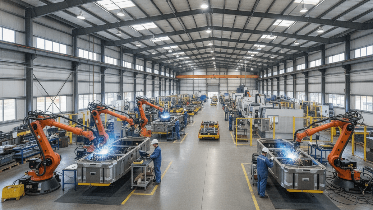 Wide shot of a factory floor with robotic arms, industrial equipment, and workers engaged in assembly.