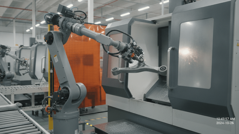 An industrial robot arm loads a suspension component into a CNC machine on a factory floor.