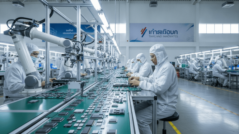 A factory floor with workers in cleanroom suits assembling circuit boards on an automated production line.