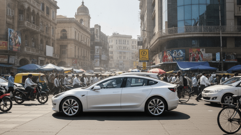 A white electric car drives through a busy street in an Indian city, surrounded by traffic, pedestrians, and street vendors.