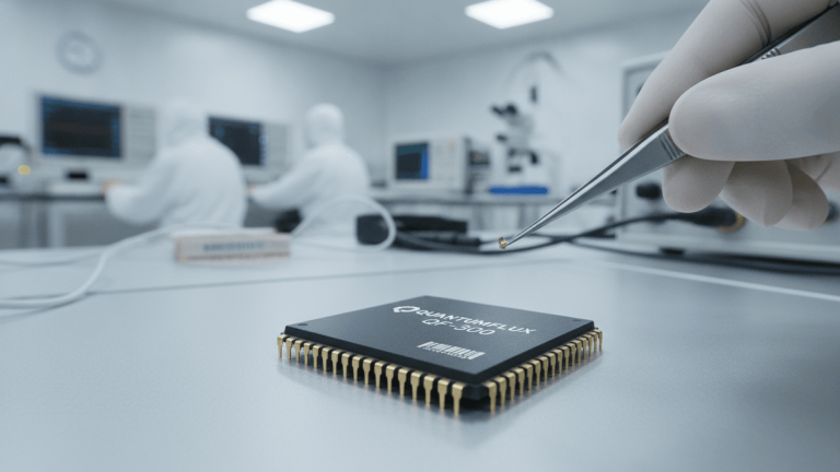 A gloved hand uses tweezers to place a tiny component near a square black semiconductor chip on a sterile lab bench.
