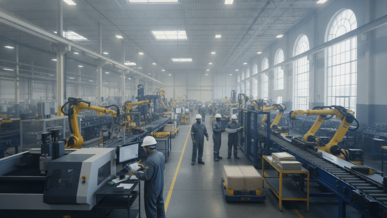 Wide shot of a factory floor with multiple workers, automated machinery, and production lines under bright industrial lighting.