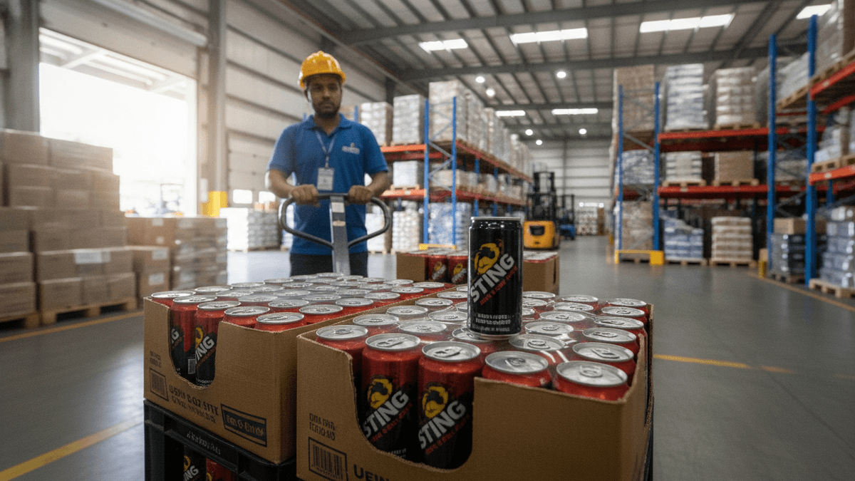 A worker in a yellow hard hat moves crates of Sting energy drinks through a large warehouse.